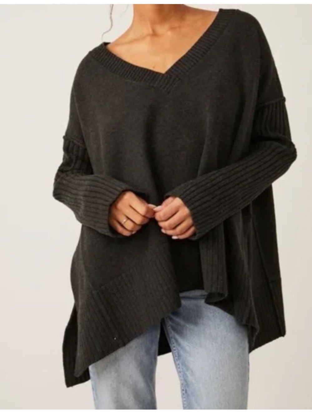 Free People Orion Oversized V-Neck Chunky Sweater Charcoal dark gray extra small